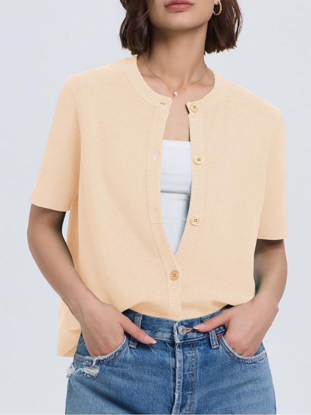 Short-Sleeve Button Cardigan Sweater in Apricot
